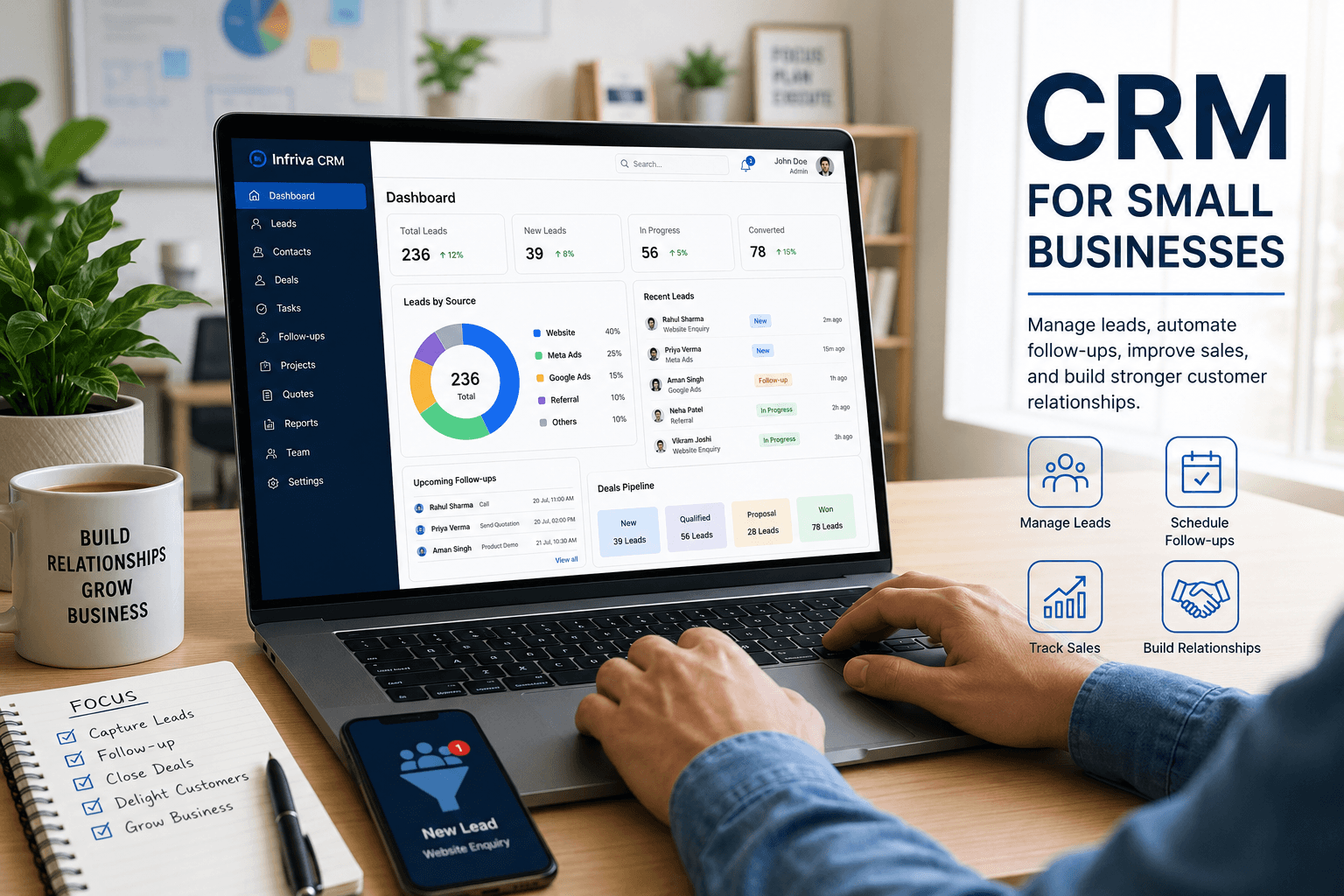 CRM dashboard helping a small business manage leads and customers