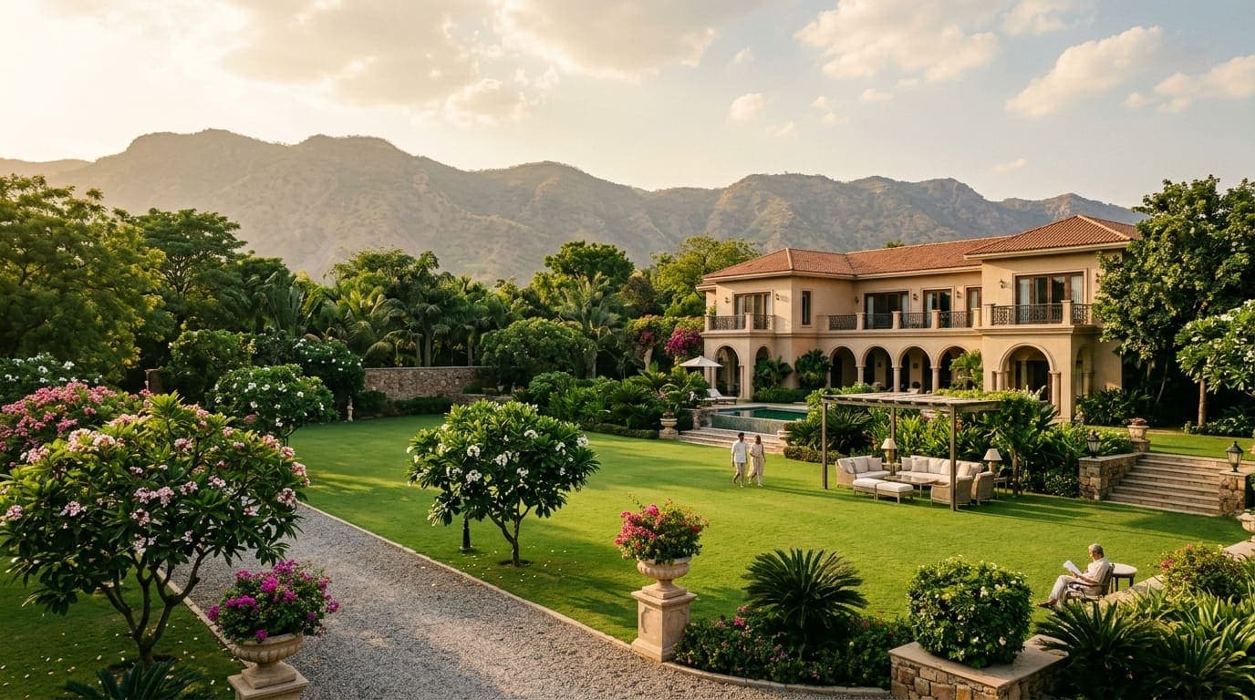 The Kesari Bagh French-colonial countryside estate in Manesar with emerald lawns and Aravalli foothills engineered by Infriva Solutions